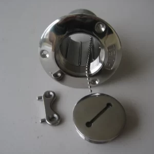 FUEL FILLER . STAINLESS STEEL . 2" INTAKE HOSE .FLUSH DECK WITH LID SAFTY CHAIN